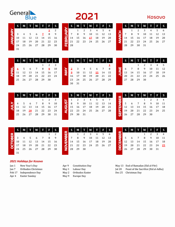 Download Kosovo 2021 Calendar - Sunday Start