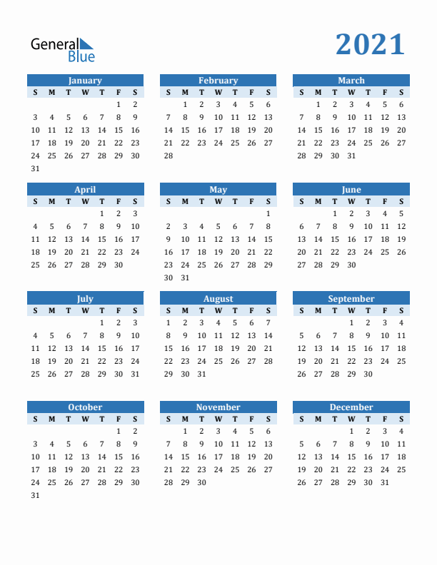 2021 Year Calendar with Sunday Start