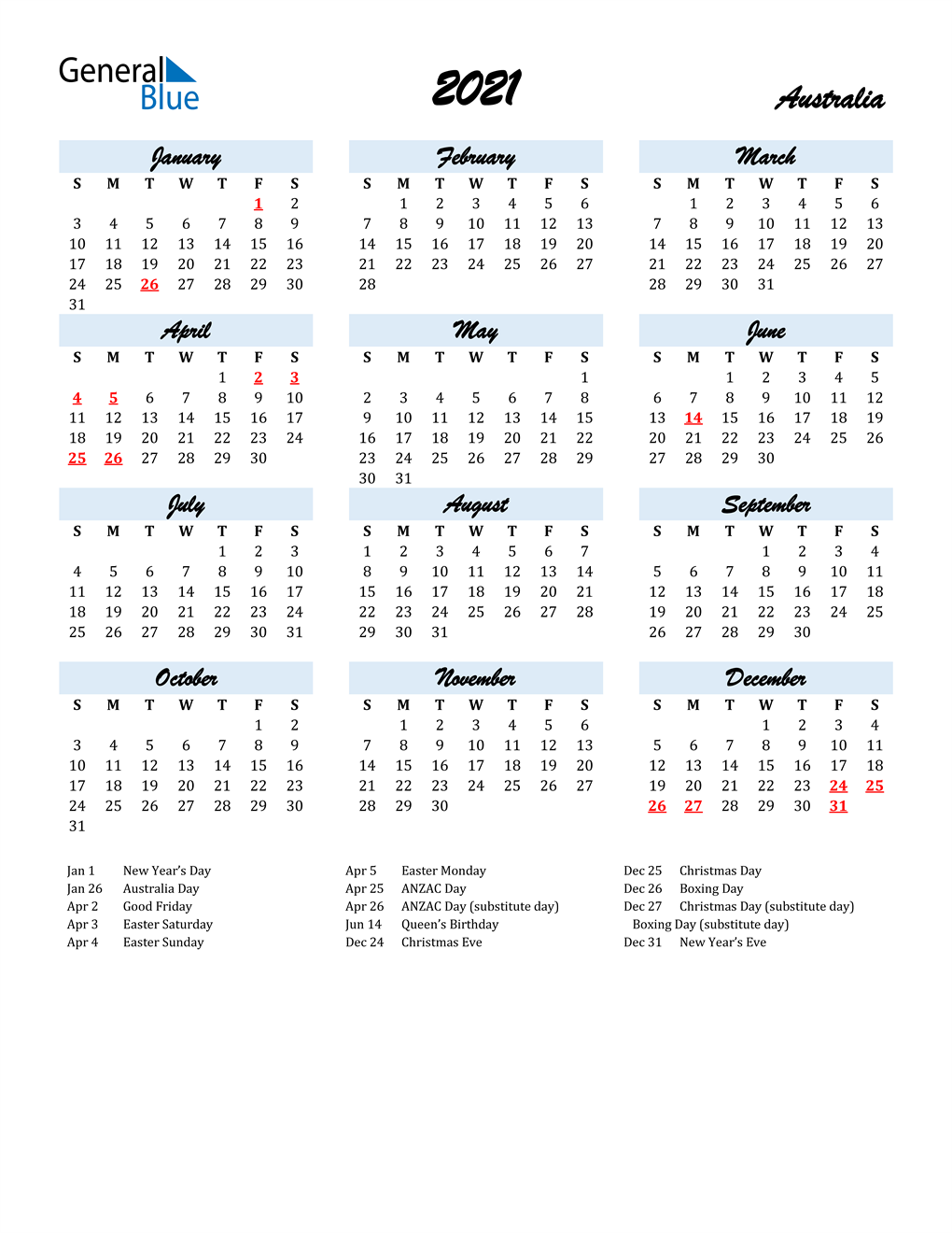 2021 australia calendar with holidays