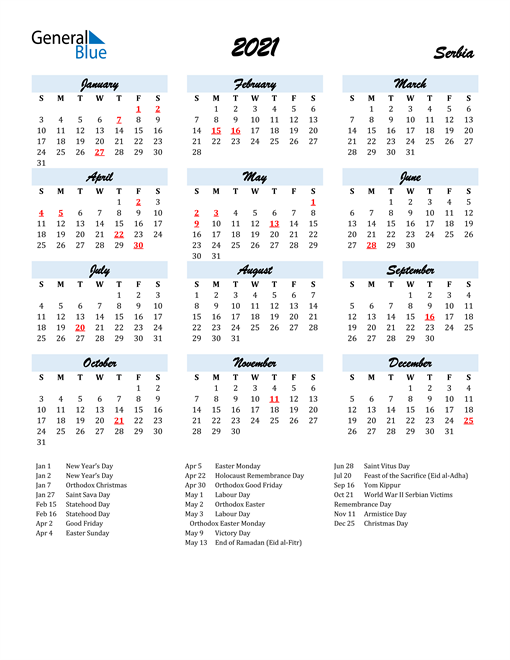 2021 Calendar for Serbia with Holidays