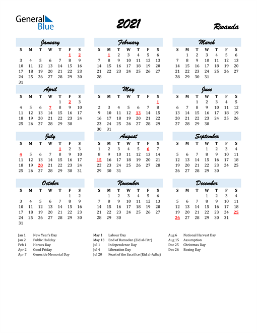 2021 Calendar for Rwanda with Holidays