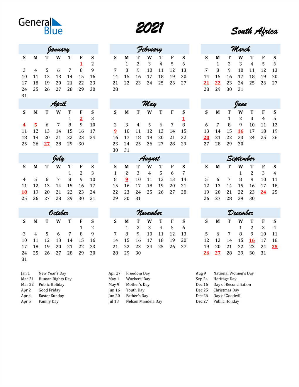 2021 South Africa Calendar With Holidays