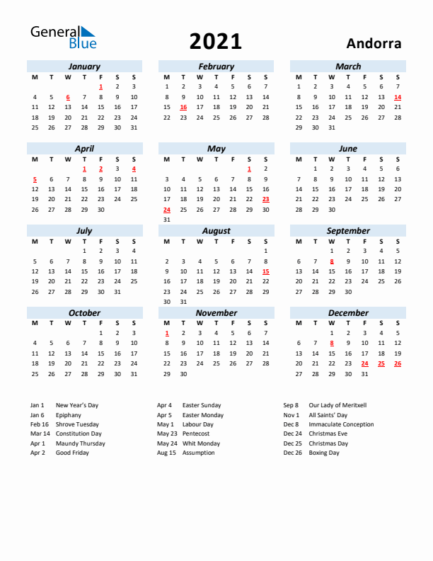 2021 Calendar for Andorra with Holidays
