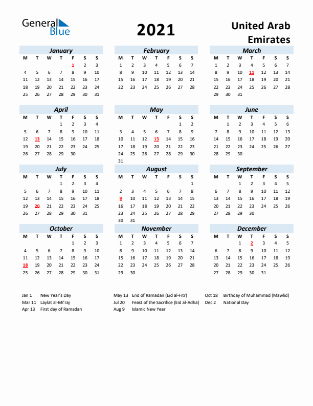 2021 Calendar for United Arab Emirates with Holidays
