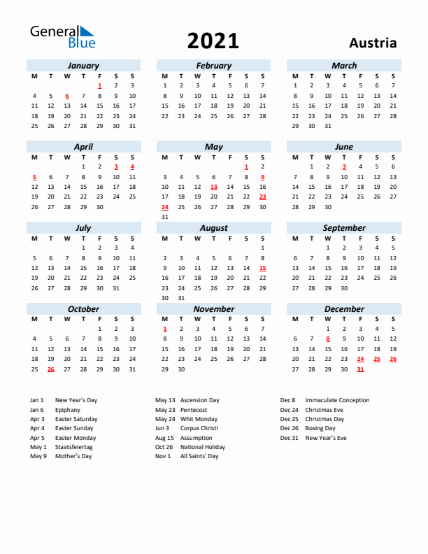 2021 Calendar for Austria with Holidays