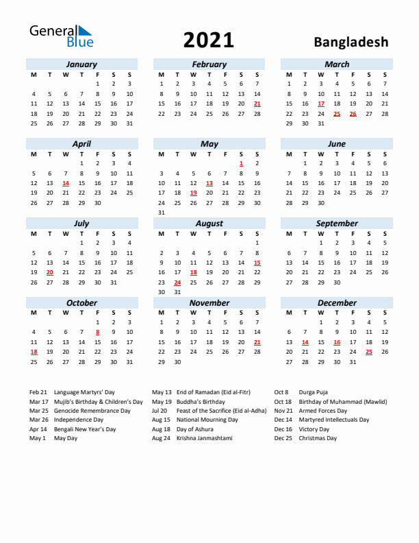 2021 Calendar for Bangladesh with Holidays