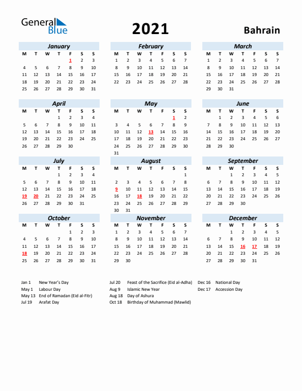 2021 Calendar for Bahrain with Holidays