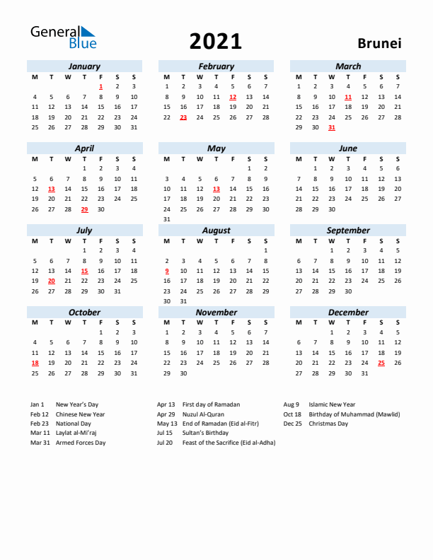 2021 Calendar for Brunei with Holidays