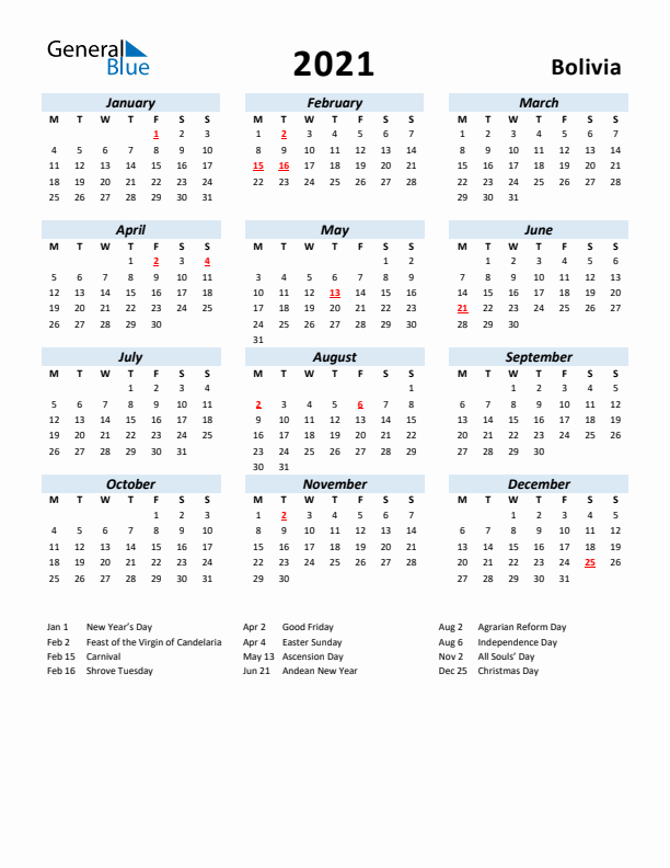 2021 Calendar for Bolivia with Holidays