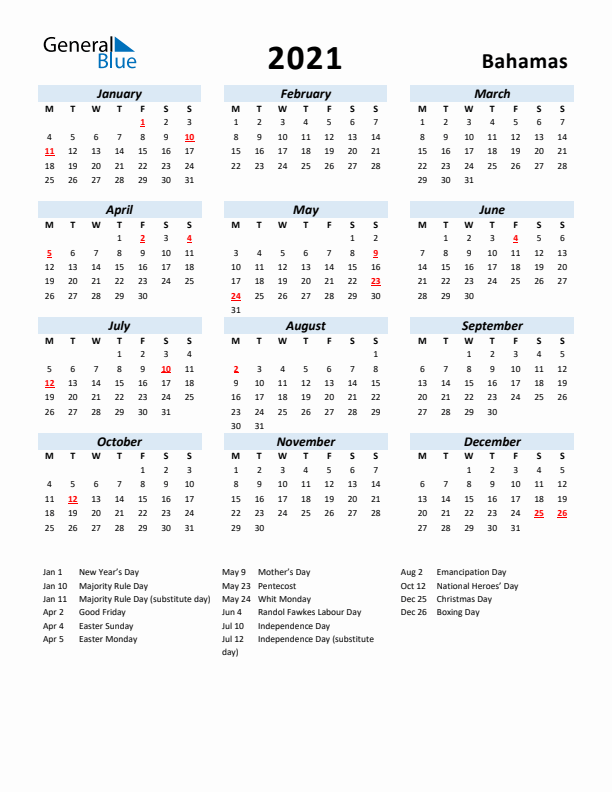2021 Calendar for Bahamas with Holidays