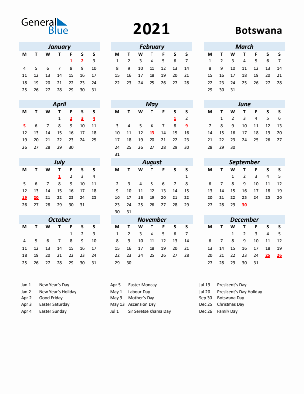 2021 Calendar for Botswana with Holidays