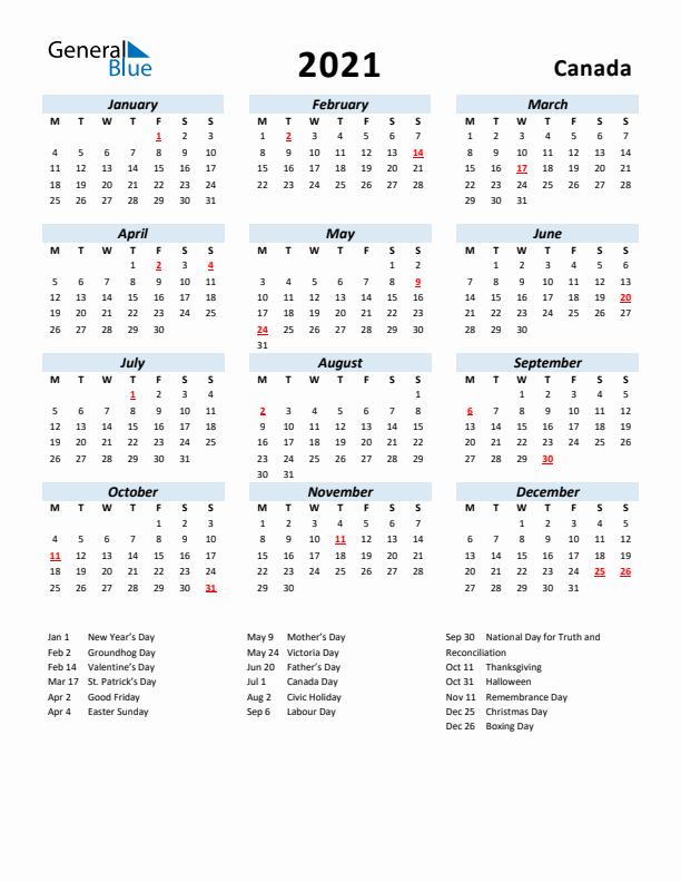 2021 Calendar for Canada with Holidays