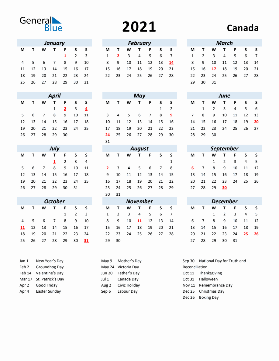 2021 Yearly Calendar for Canada with Holidays