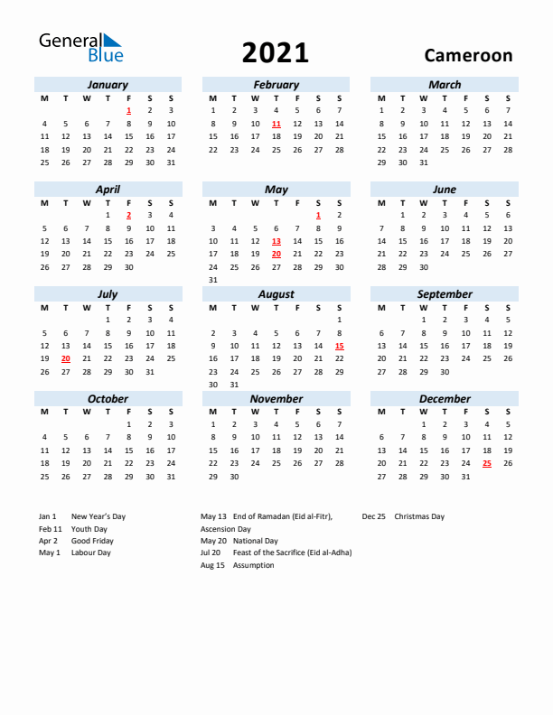 2021 Calendar for Cameroon with Holidays