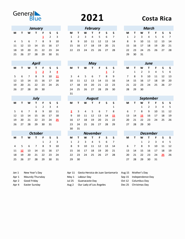 2021 Calendar for Costa Rica with Holidays