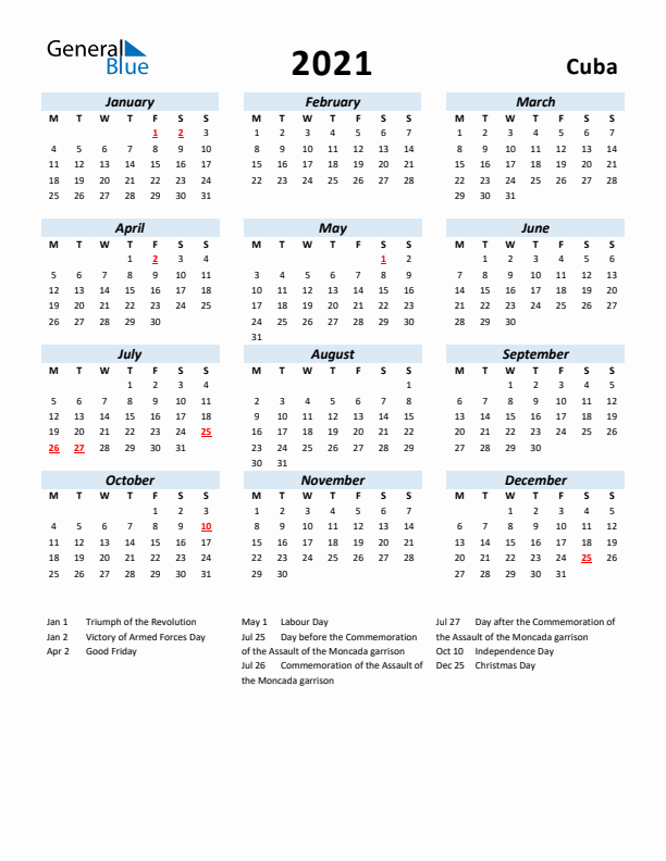 2021 Calendar for Cuba with Holidays