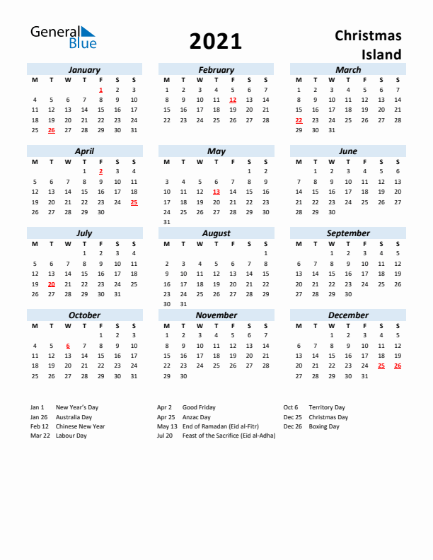2021 Calendar for Christmas Island with Holidays