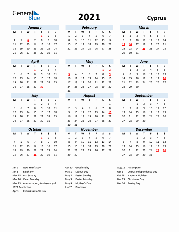 2021 Calendar for Cyprus with Holidays