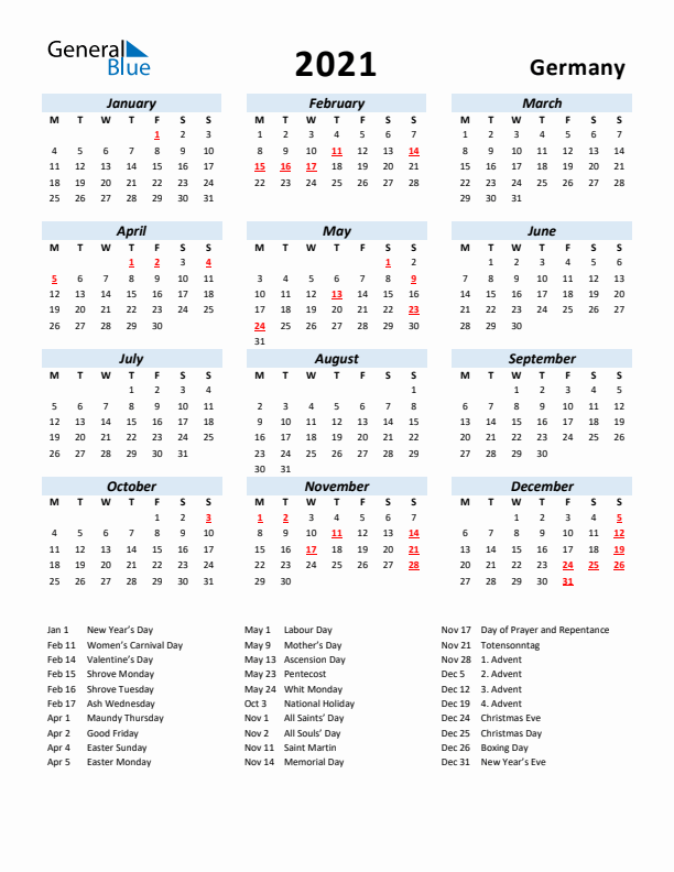 2021 Calendar for Germany with Holidays
