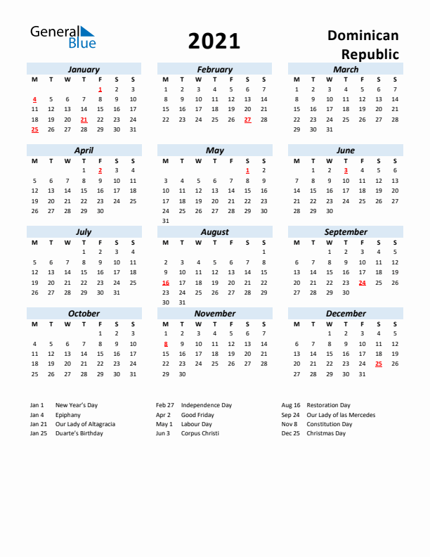 2021 Calendar for Dominican Republic with Holidays