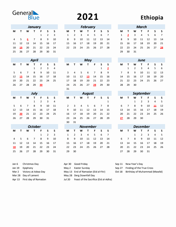 2021 Calendar for Ethiopia with Holidays