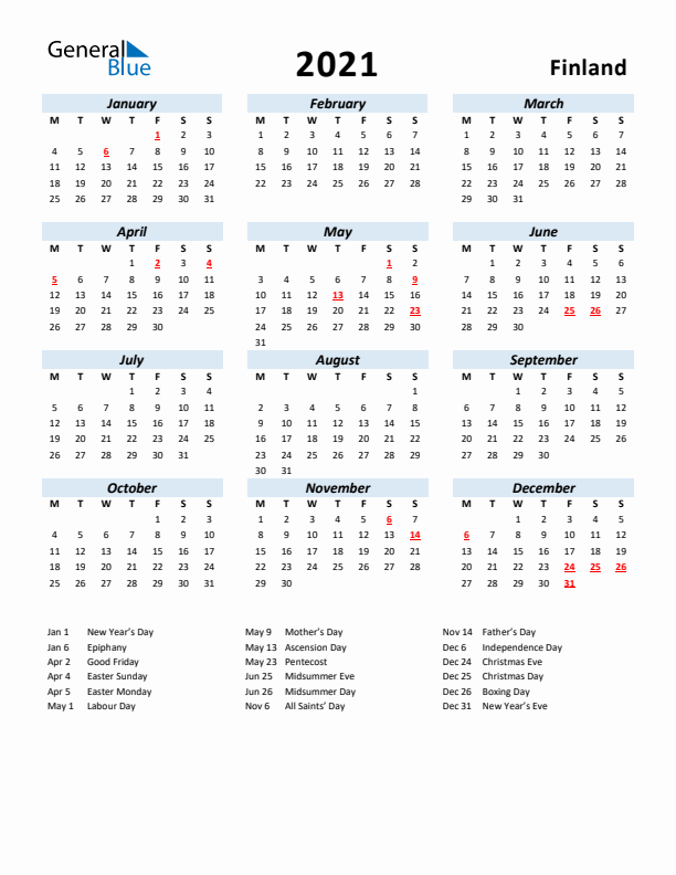 2021 Calendar for Finland with Holidays