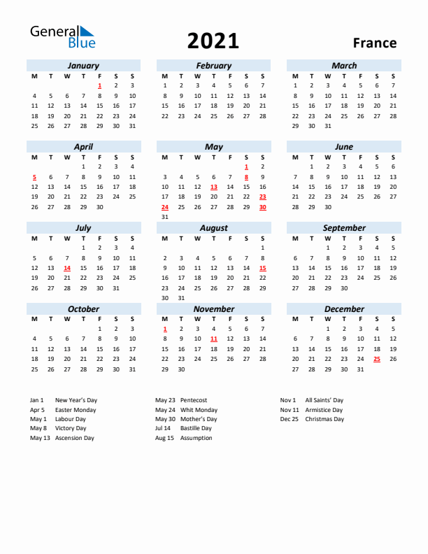 2021 Calendar for France with Holidays