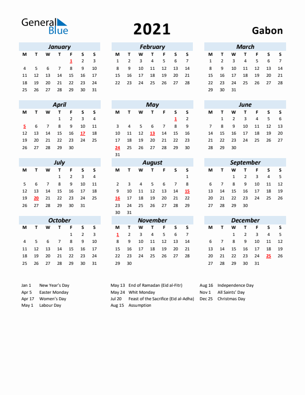 2021 Calendar for Gabon with Holidays