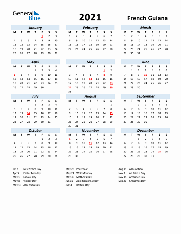 2021 Calendar for French Guiana with Holidays