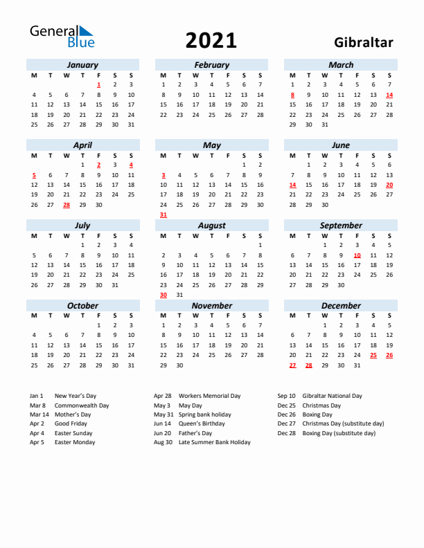 2021 Calendar for Gibraltar with Holidays