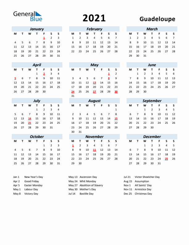2021 Calendar for Guadeloupe with Holidays