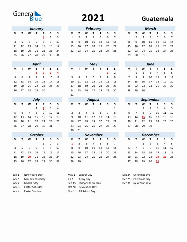 2021 Calendar for Guatemala with Holidays