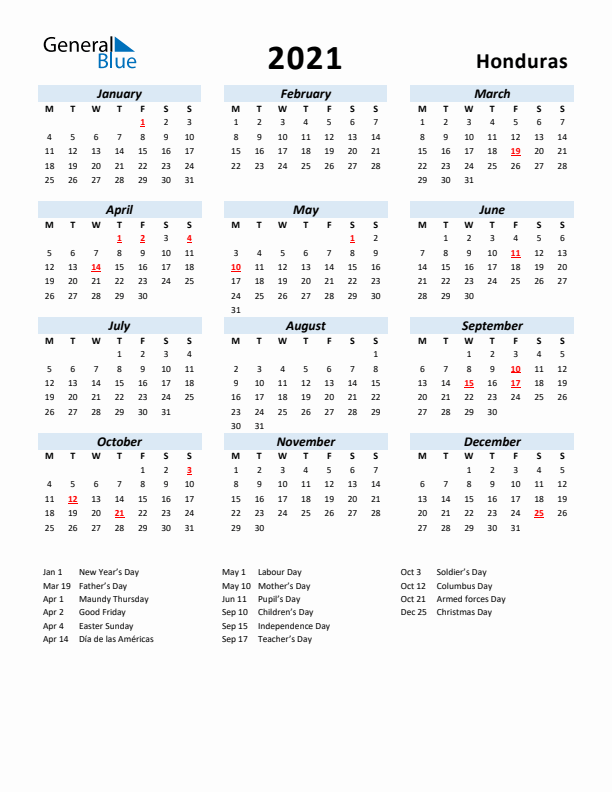 2021 Calendar for Honduras with Holidays