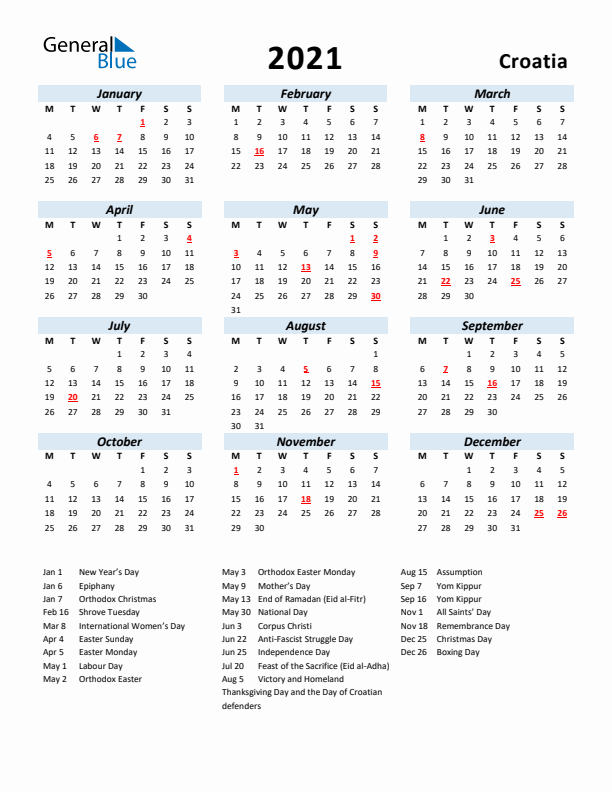 2021 Calendar for Croatia with Holidays