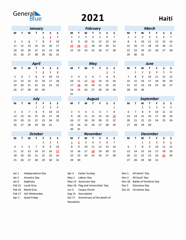 2021 Calendar for Haiti with Holidays