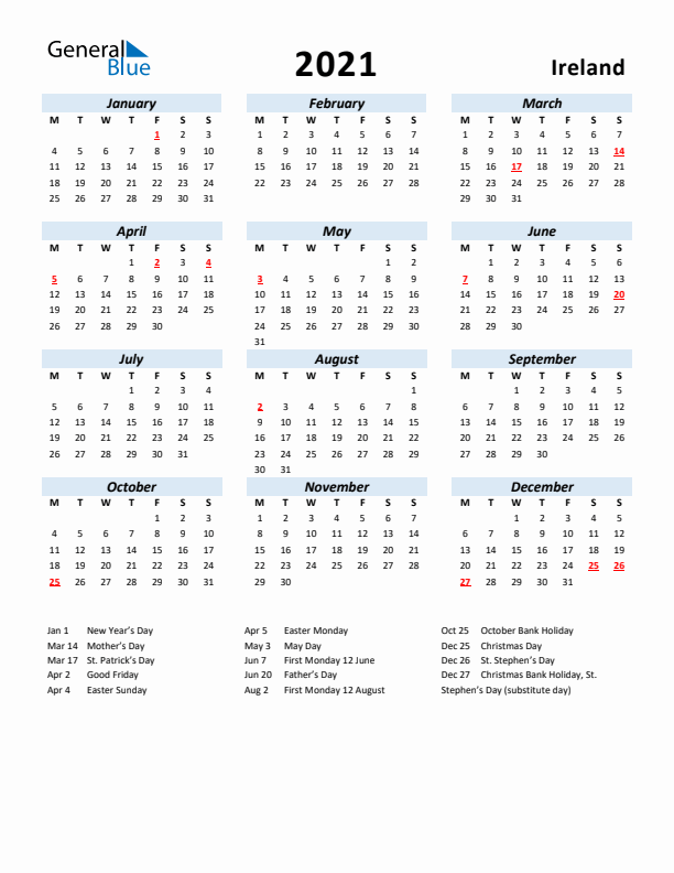 2021 Calendar for Ireland with Holidays