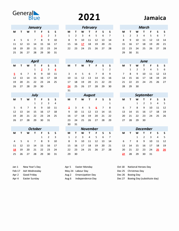 2021 Calendar for Jamaica with Holidays