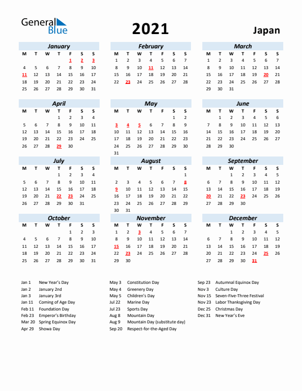 2021 Calendar for Japan with Holidays