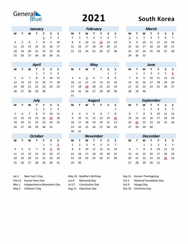 2021 Calendar for South Korea with Holidays