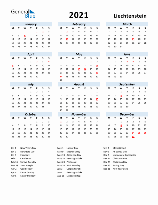2021 Calendar for Liechtenstein with Holidays