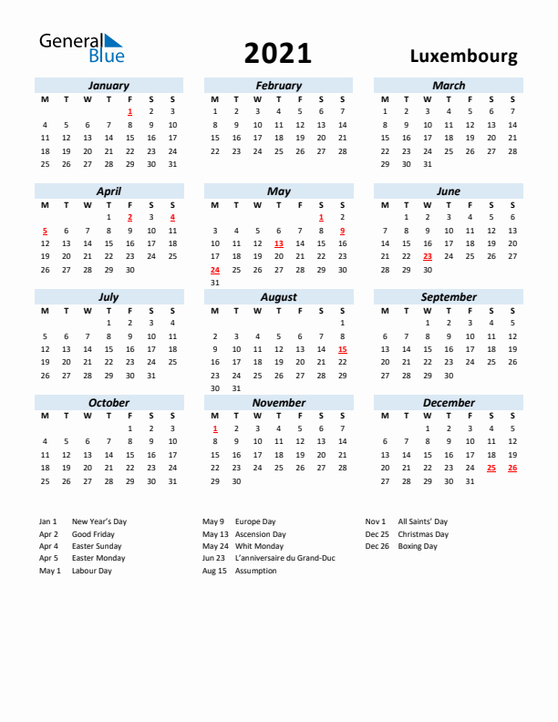 2021 Calendar for Luxembourg with Holidays
