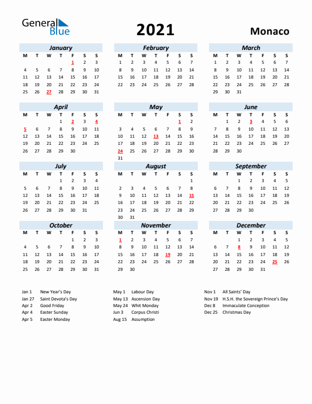 2021 Calendar for Monaco with Holidays
