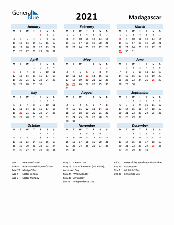 2021 Calendar for Madagascar with Holidays