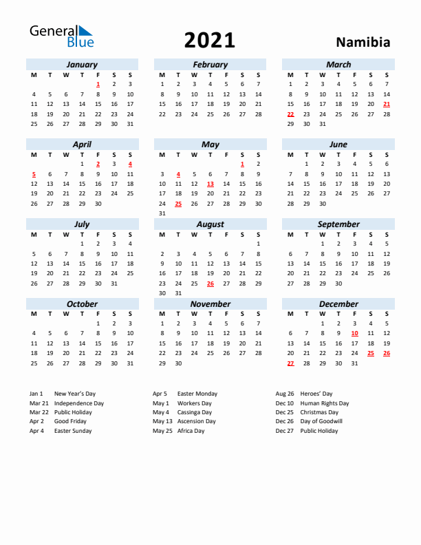 2021 Calendar for Namibia with Holidays