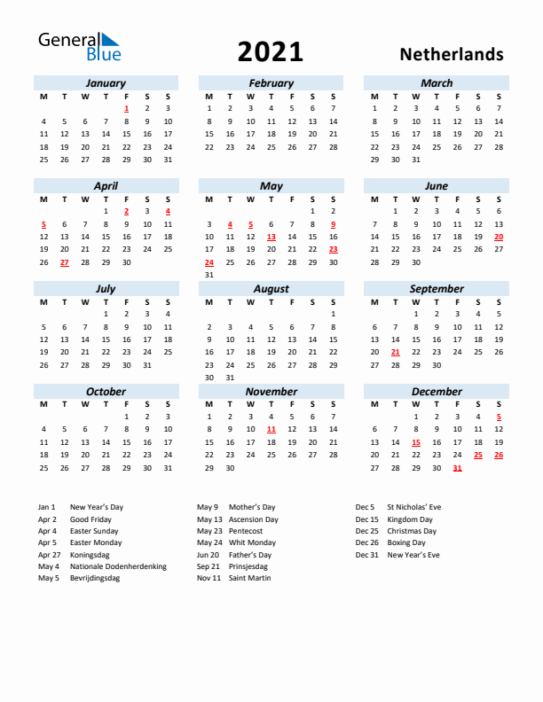 2021 Calendar for The Netherlands with Holidays