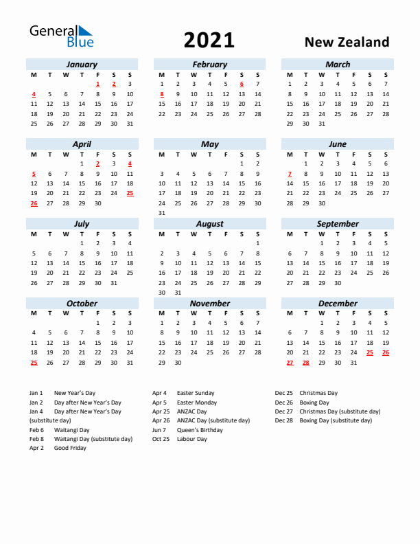 2021 Calendar for New Zealand with Holidays
