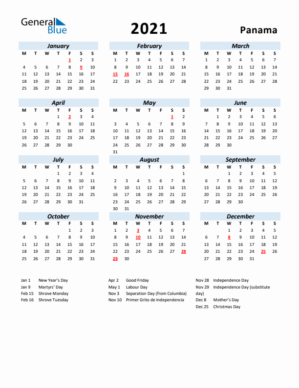 2021 Calendar for Panama with Holidays