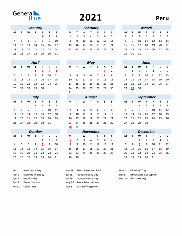 2021 Calendar for Peru with Holidays