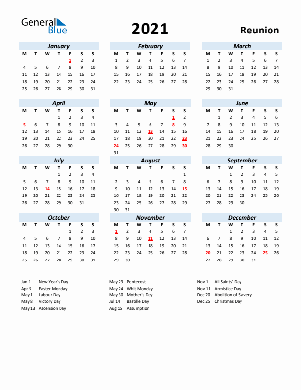 2021 Calendar for Reunion with Holidays