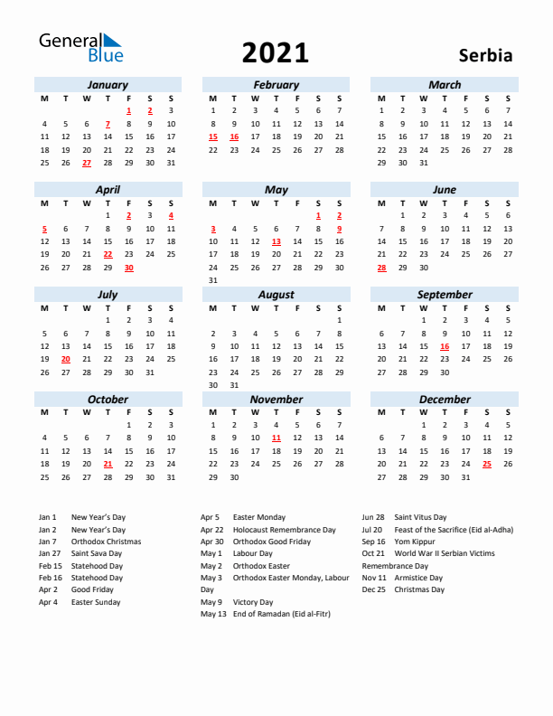 2021 Calendar for Serbia with Holidays